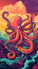 Octopus and beautiful underwater scenery, Underwater Scene with Incredible Commotion of an Octopus