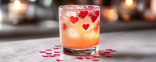 Valentine Celebration Garnish Ideas. A vibrant cocktail adorned with heart-shaped decorations, perfect for romantic occasions, sits on a marble surface surrounded by festive confetti.