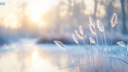 Obraz premium Marsh grasses covered with frost highlighted by the rising sun.