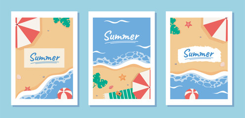 Obraz premium Summer posters set. Top view at sandy beach near sea or ocean. Resort and paradise. Coastline with red and white umbrella. Holiday and vacation. Flat vector collection