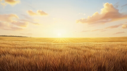 Obraz premium Golden wheat field under bright sky at sunrise, showcasing beauty of nature. warm hues of sun illuminate landscape, creating serene and peaceful atmosphere
