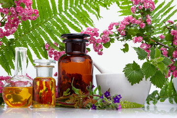 Natural herbal remedies with glass bottles