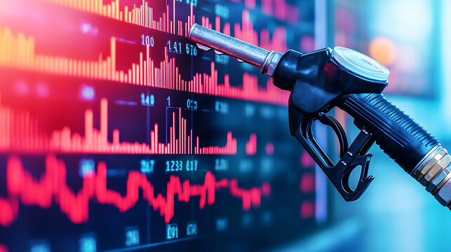 Gas pump nozzle against a digital stock market chart, symbolizing the link between energy prices and financial markets.