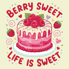 Vector Cake Graphic, Hand Drawn Layer cake design , strawberry blue berry layer cake, summer food prints, hand writing text print design, women's graphic tee, slogan t-shirt design
