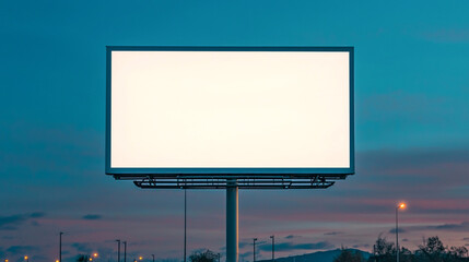 Fototapeta premium Illuminated empty billboard at dusk set against a twilight sky, perfect for advertising and marketing concepts.
