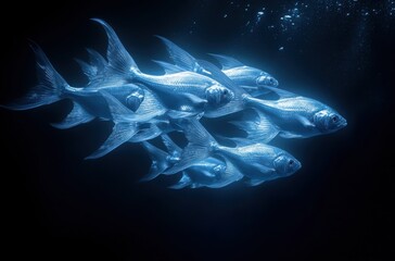 School of Silvery Fish Swimming Gracefully Through Dark Waters, Capturing the Serenity and Elegance of Underwater Life in a Stunning Aquatic Scene