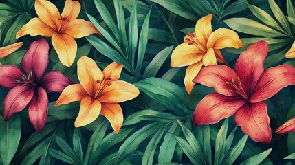 A vibrant watercolor pattern of exotic lilies, their petals in shades of red and yellow against lush green leaves, creates an enchanting tropical scene on the fabric material


