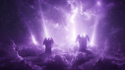 Obraz premium A celestial display of glowing angelic figures scattered like stars in a misty purple night sky, beams of radiant light creating an ethereal glow across the tranquil clouds,