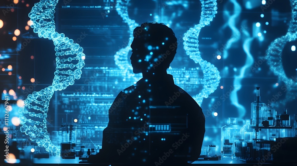 Poster Scientific Researcher in Front of DNA Sequence Visualization, Exploring Genetics and Biotechnology, Silhouette Against High-Tech Background in Laboratory Setting