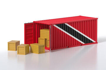 Obraz premium Cargo Container with Trinidad and Tobago Flag Being Unloaded with Wooden Crates on White Background