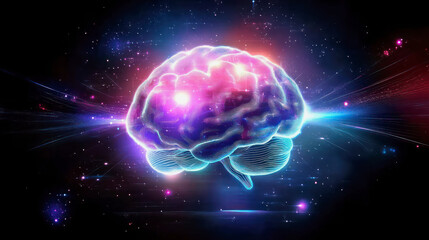 Glowing brain illuminated in vivid colors against a cosmic background. Generative AI
