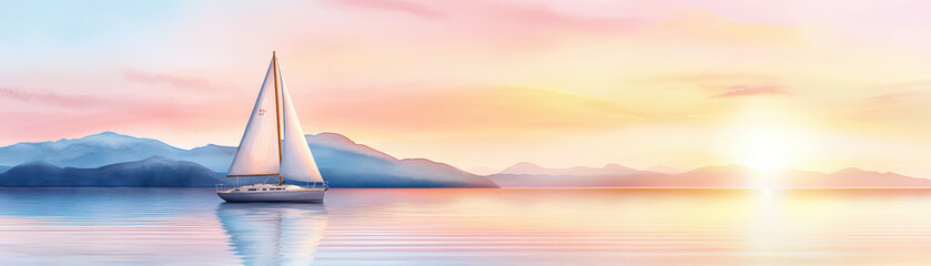 Fototapeta premium sailboat glides on calm waters during colorful sunset over distant mountains, creating serene and picturesque scene