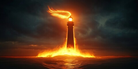 Phoenix Flame Lighthouse, a beacon of light with a fiery phoenix-shaped flame illuminating the night sky against a coastal backdrop