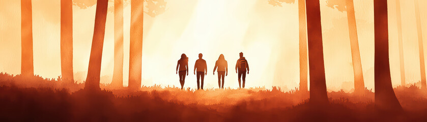 Fototapeta premium Silhouettes of four people walking through serene forest at sunset, surrounded by warm hues and tall trees, creating peaceful atmosphere