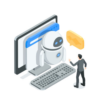 isometric vector business man talking to robot on computer screen, in color on white background, artificial intelligence or virtual assistant