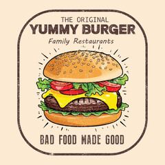 Vintage design for Graphic T-Shirts - EPS 10 - Worn effect can be remove easily. Burger t shirt design. Hand drawn burger design. Delicious fast food artwork. Vintage food artwork.