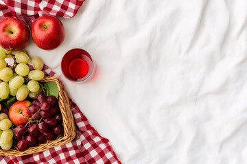 Banner with wine, apples and grape on white and plaid cloth, top view. Valentine's day, birthday or other celebrating background