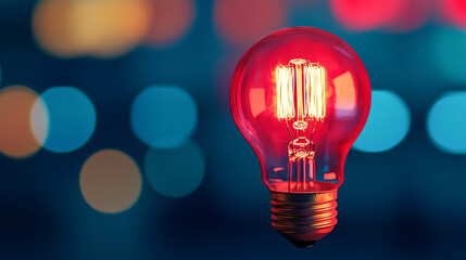 Vibrant red light bulb glowing against a soft-focus bokeh background, symbolizing innovation and creativity.