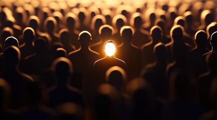 Obraz premium Une foule de gens, avec une personne avec le visage lumineux, scène symbolisant l'individualisme et l'autonomie face conformisme du groupe.