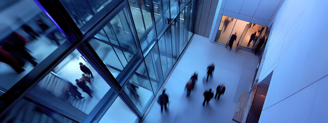 Vue plongeante de l'entrée d'un immeuble des bureaux d'une entreprise, avec des gens franchissant les portes vitrées dans un flou de mouvement.