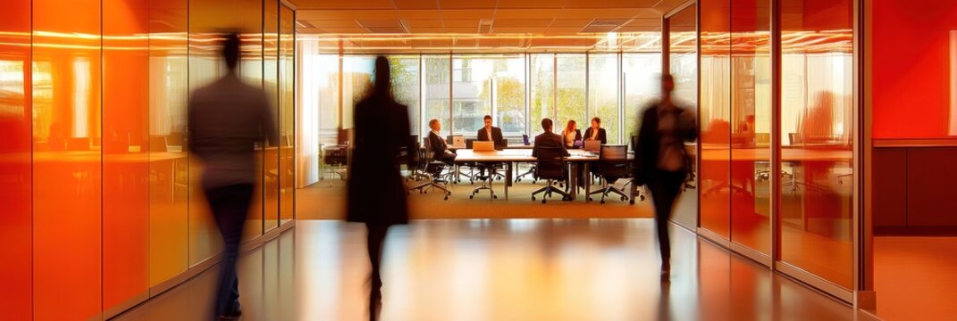 Des femmes d'affaires et des hommes d'affaires marchant dans les bureaux d'une entreprise avec des silhouettes floues au premier plan.