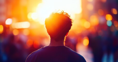 Un homme, vue de dos marchant dans la rue au milieu d'une foule floue, lumière de coucher de soleil. Concept de réussite professionnelle, de développement personnel ou de recherche d'emploi.