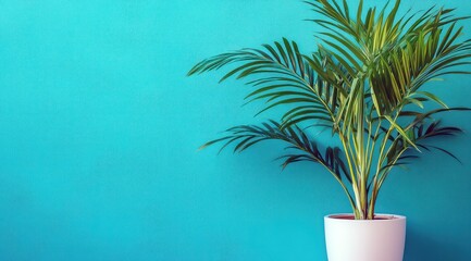 Obraz premium Scène minimaliste d'une plante verte dans un pot blanc sur un mur turquoise, symbolisant le concept de décoration intérieure, image avec espace pour texte.