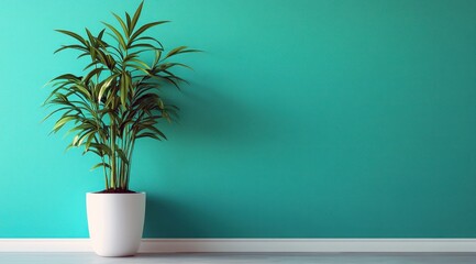 Fototapeta premium Scène minimaliste d'une plante verte dans un pot blanc sur un mur turquoise, symbolisant le concept de décoration intérieure, image avec espace pour texte.