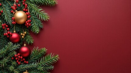 Pine tree branches with red and golden christmas balls on the red background 