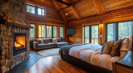 Une maison en bois dans une région montagneuse, avec de grandes fenêtres pour la lumière naturelle et un canapé près d'une cheminée en pierre.