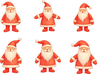 Christmas themed watercolor illustration featuring six cheerful Santa figures in festive attire