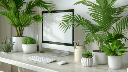 Fototapeta premium Modern Workspace with Green Indoor Plants and Desktop