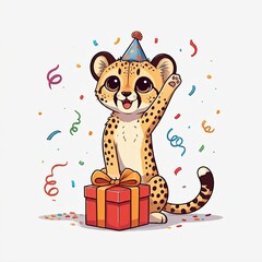 A chibi cheetah with a birthday gift, surrounded by party decorations and confetti, in a playful sticker style with a white background.
