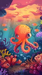 Obraz premium Octopus and beautiful underwater scenery, Underwater Scene with Incredible Commotion of an Octopus