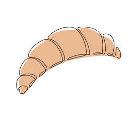 A croissant hand-drawn in one continuous line, isolated on a white background, vector. A graphic outline illustration with a colored spot in the background. Delicious pastry dessert for labels, decora