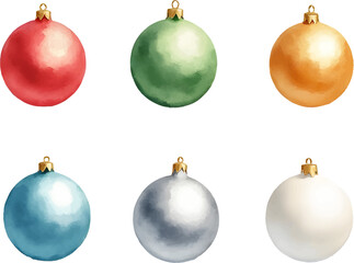 Colorful watercolor illustration of Christmas ornaments arranged in a festive layout