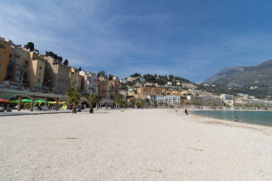 Panoramic view of the Plage des Sablettes beach in Menton, French Riviera.