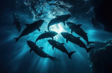 Fototapeta premium Underwater Scene with Silhouetted Dolphins Swimming Gracefully Beneath Sunlit Rippling Water in a Deep Ocean Environment, Stunning Light Rays Filtering Through