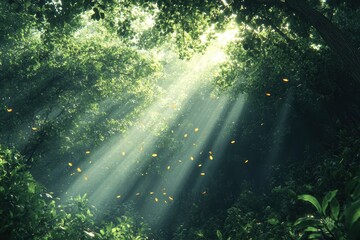 Obraz premium Sunlight filters through dense forest foliage, creating a serene atmosphere.