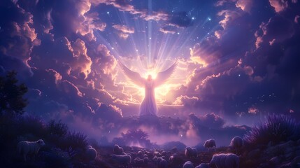 A majestic angel with raised hands glowing above a serene meadow, beams of light cascading onto shepherds and grazing sheep, misty purple clouds and a starry sky creating an ethereal backdrop,