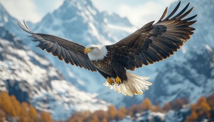 Eagle soaring with mountains in the background, sharp focus