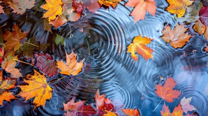 Autumn Leaves Floating on a Blue Pond