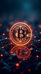 A glowing Bitcoin icon surrounded by streams of data, symbolizing its pivotal role in the digital economy and blockchain.