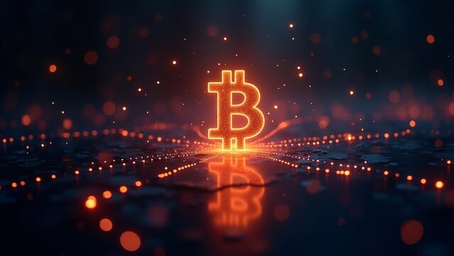 A glowing Bitcoin icon surrounded by streams of data, symbolizing its pivotal role in the digital economy and blockchain.