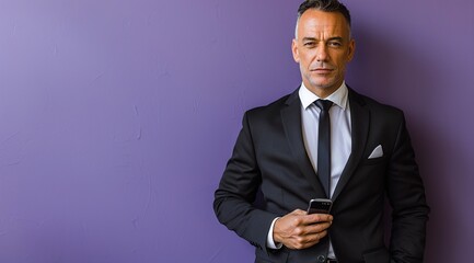 portrait of professional businessman in business suit with hand in pocket holding mobile phone 