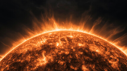 Close-up of the fiery sun surface with solar flares, showcasing intense heat and glowing energy against a dark space background.