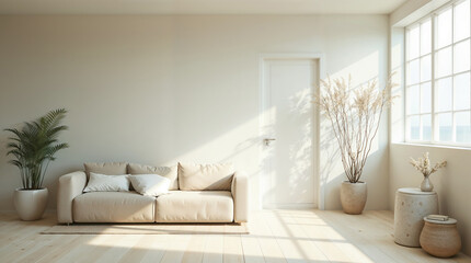 Minimalism in a bright living room with a green flower