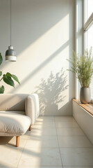 Fototapeta premium Minimalism in a bright living room with a green flower
