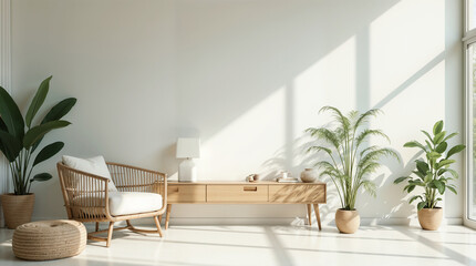 Fototapeta premium Minimalism in a bright living room with a green flower