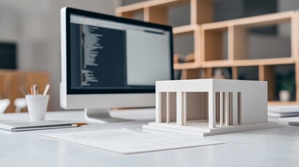 Modern Architectural Design, A 3D model on a desk with blueprints and a screen displaying code